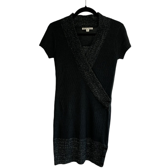 Y2K Dark Gray and Metallic Thread V-Neck Sweater Dress Tunic M 90s Madonna Vibe - Picture 1 of 12